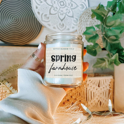 Spring farmhouse candle Gia Roma cotton blossom field, clear glass jar with pale blue wax on Tampa Home & Garden Store