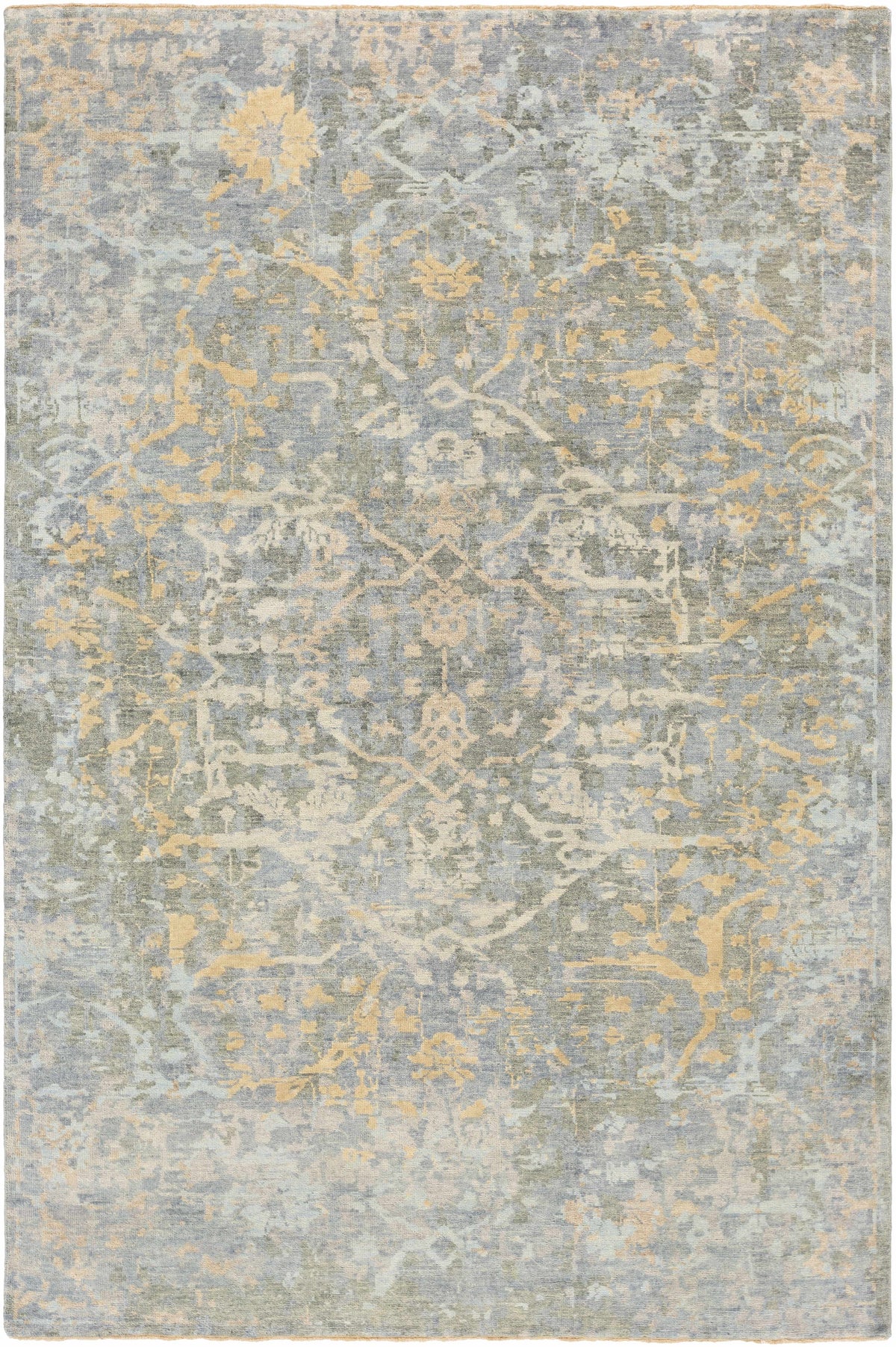 Farmingville Area Rug by Boutique Rugs in blue-gray with pale yellow floral distressing on Tampa Home & Garden Store