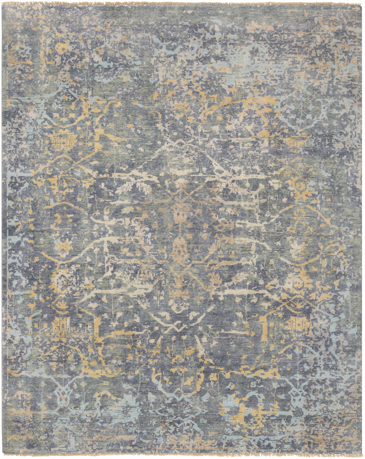 Farmingville Area Rug Boutique Rugs in blue gray with gold distressed pattern and fringed edges on Tampa Home & Garden Store