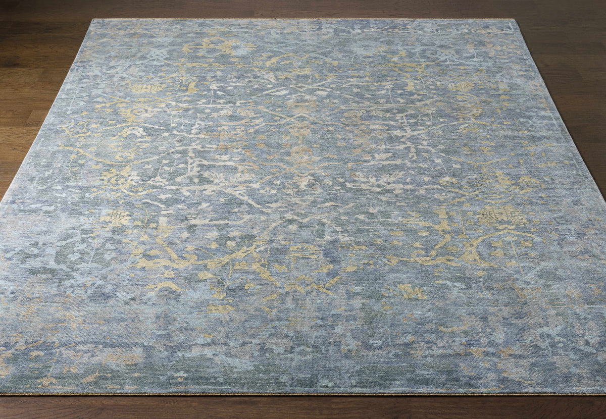Farmingville Area Rug blue-gray with ivory-gold distressed floral motif Boutique Rugs clearance on Tampa Home & Garden Store