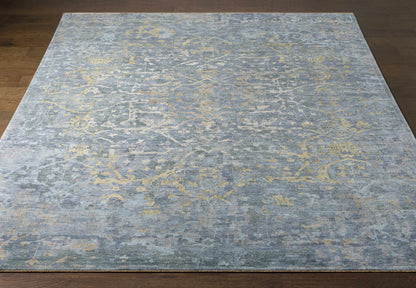 Farmingville Area Rug blue-gray with ivory-gold distressed floral motif Boutique Rugs clearance on Tampa Home & Garden Store
