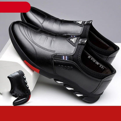 Stevvex men's black leather sneakers with red heel accent and striped side trim on Tampa Home & Garden Store