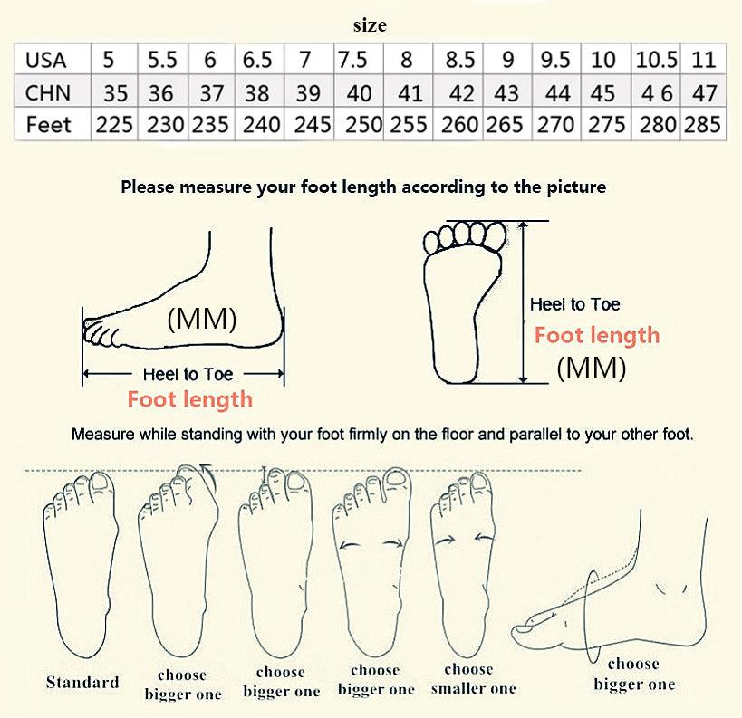Stevvex sneakers size chart with USA/CHN tables and foot-length diagrams on Tampa Home & Garden Store