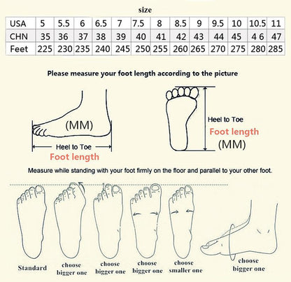 Stevvex sneakers size chart with USA/CHN tables and foot-length diagrams on Tampa Home & Garden Store