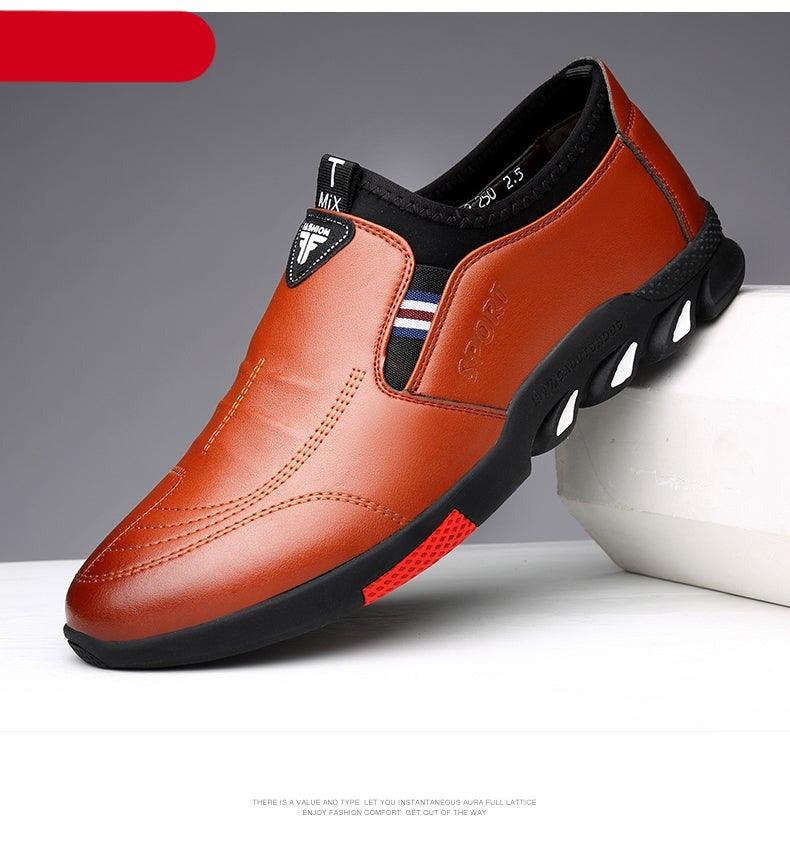 Stevvex men's brown leather slip-on sneakers with black sole and breathable knit collar on Tampa Home & Garden Store