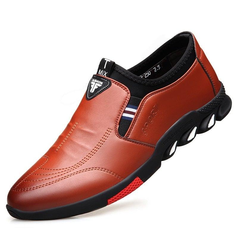 Stevvex men's leather casual sneakers brown slip-on black sole breathable loafers on Tampa Home & Garden Store