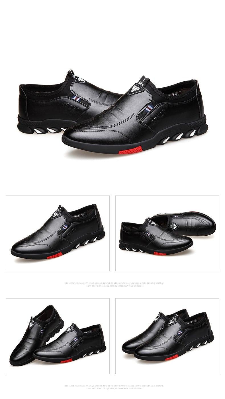 Stevvex men's black leather casual sneakers with red outsole accents and grooved white sole on Tampa Home & Garden Store