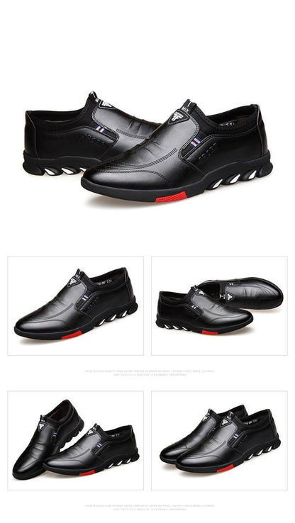 Stevvex men's black leather casual sneakers with red outsole accents and grooved white sole on Tampa Home & Garden Store
