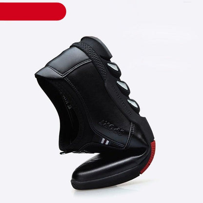 Stevvex black leather men's sneakers with padded collar and red outsole accent on Tampa Home & Garden Store