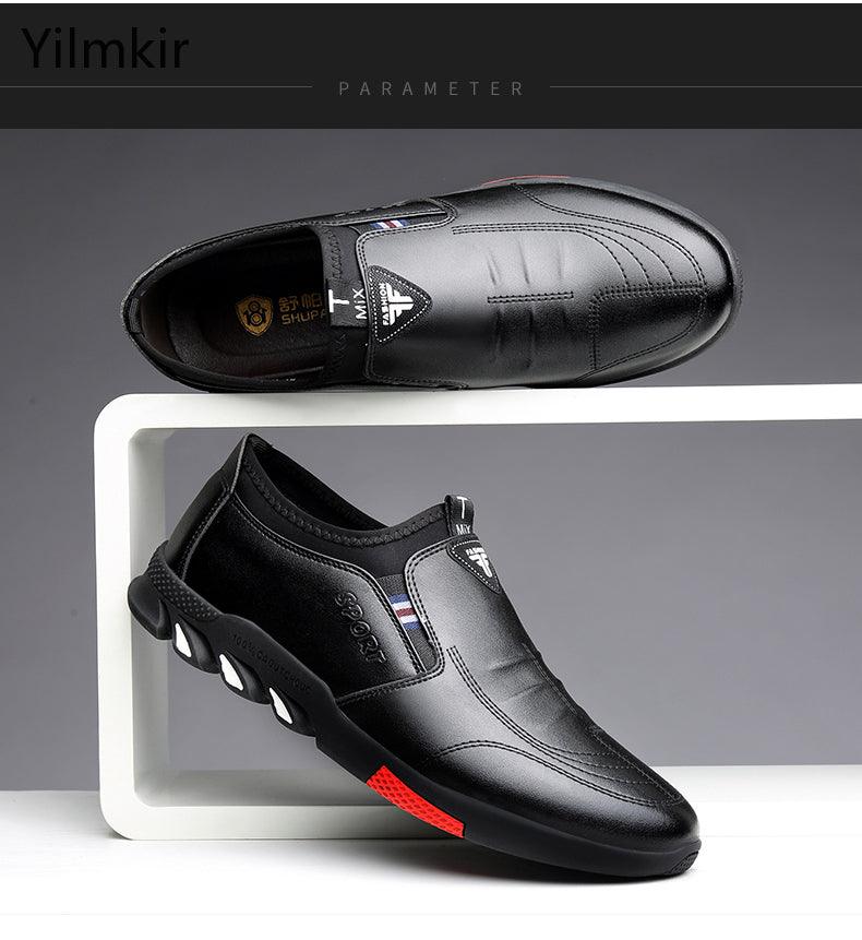 Stevvex black leather men's casual sneakers pair, slip-on style with red outsole accent on Tampa Home & Garden Store