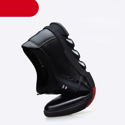 Stevvex black leather men's sneakers with strap-lacing, non-slip outsole and red heel detail on Tampa Home & Garden Store