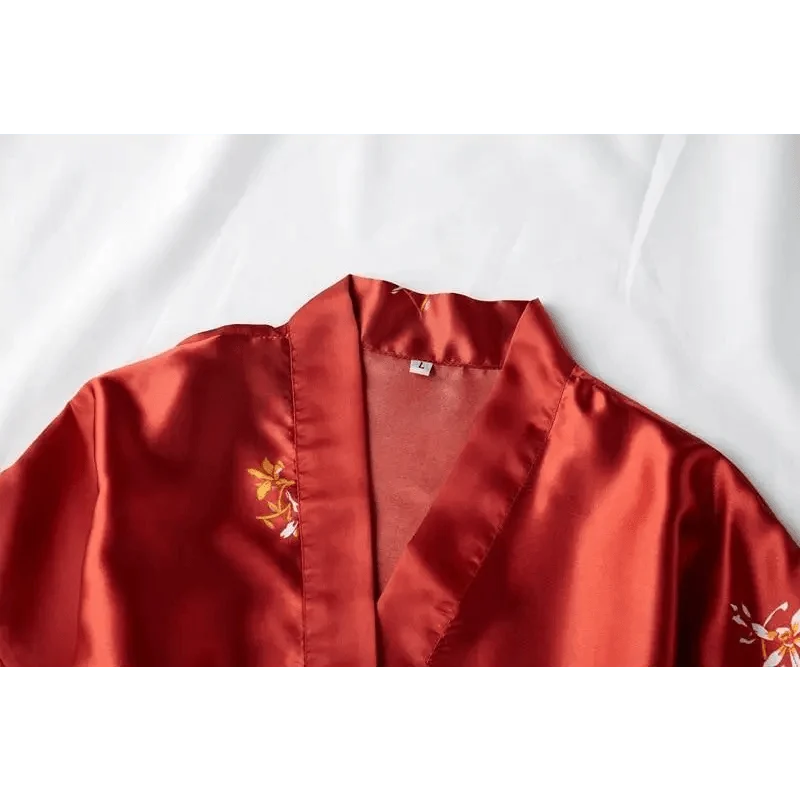 Stevvex red satin robe with yellow floral embroidery, kimono-style women's robe on Tampa Home & Garden Store