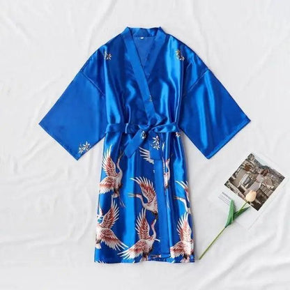 Stevvex blue floral bird print silk robe for women with belt, kimono sleeves on Tampa Home & Garden Store