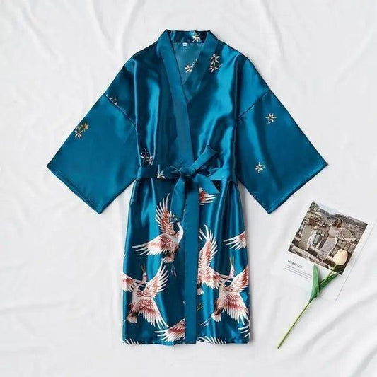 Stevvex teal satin robe with bird print, kimono sleeves, belt tied for women on Tampa Home & Garden Store