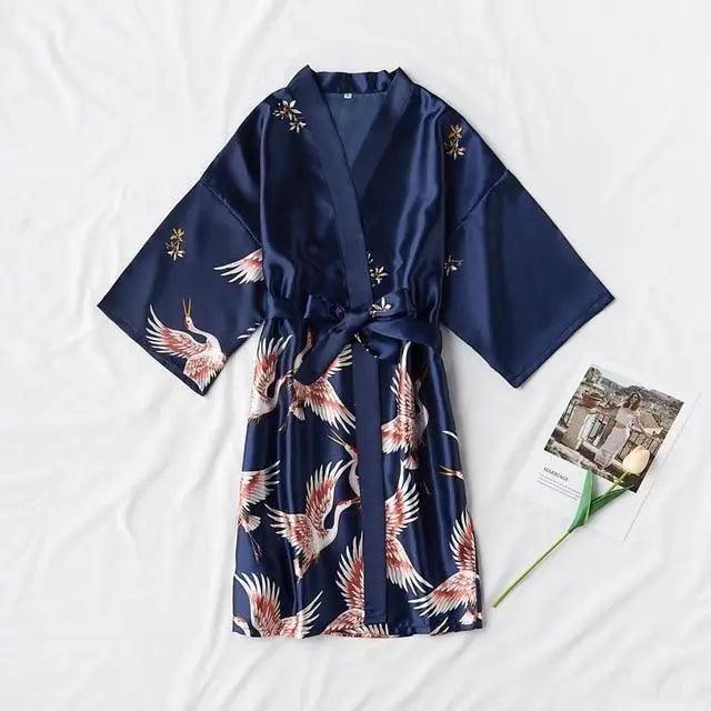 Stevvex navy blue robe with crane bird print, satin kimono belt tied, women's sleepwear on Tampa Home & Garden Store