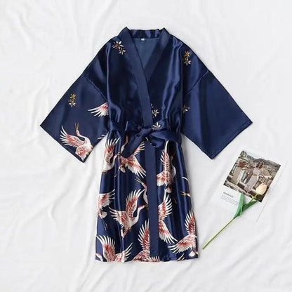 Stevvex navy blue robe with crane bird print, satin kimono belt tied, women's sleepwear on Tampa Home & Garden Store