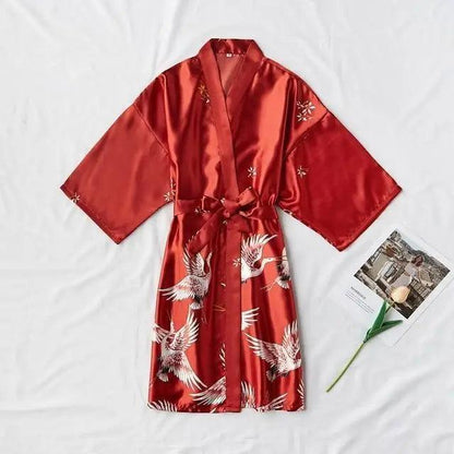 Stevvex red satin robe with white crane bird print and belt tie on Tampa Home & Garden Store