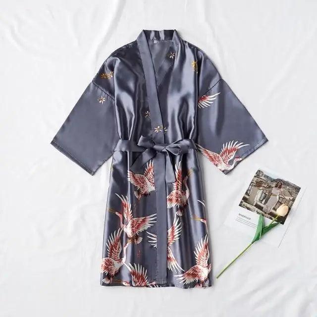 Robe Stevvex blue satin with crane print and waist tie belt on Tampa Home & Garden Store