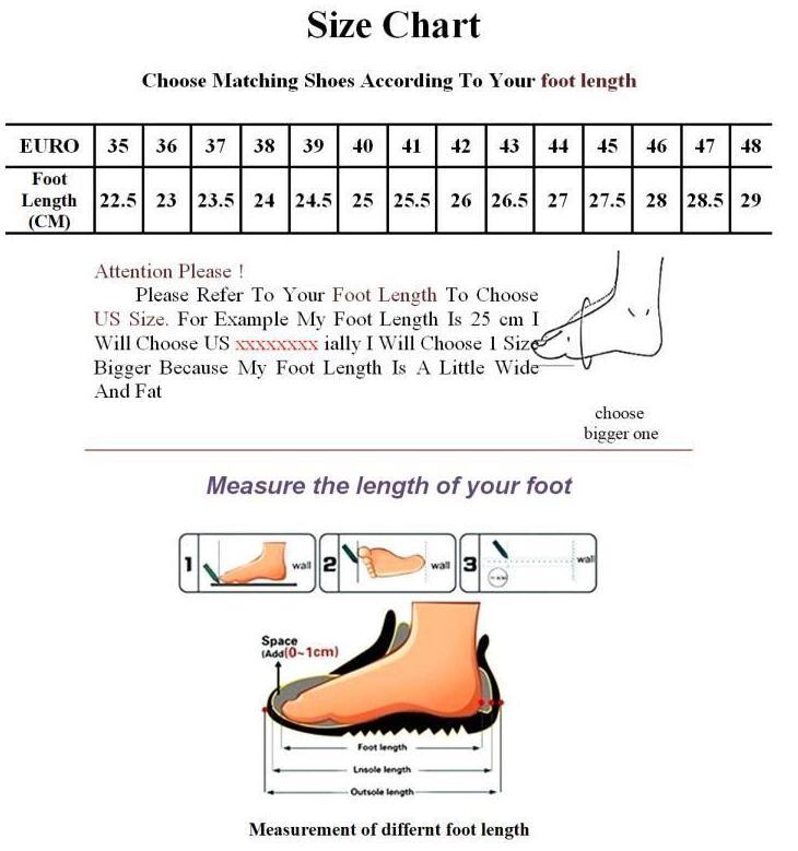 Sneakers size chart with euro sizes 35-48 and foot length guide plus measurement steps on Tampa Home & Garden Store