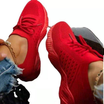 Stevvex red lace-up platform sneakers for women with breathable mesh upper on Tampa Home & Garden Store