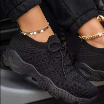Stevvex women lace-up platform sneakers, black breathable mesh knit with chunky wavy sole on Tampa Home & Garden Store