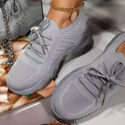 Stevvex women's gray knit breathable lace-up platform sneakers, lightweight mesh on Tampa Home & Garden Store
