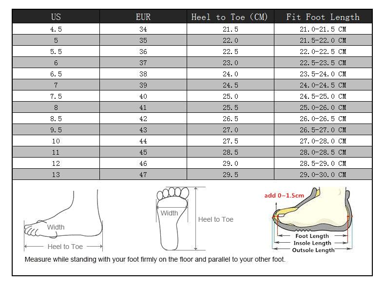 Stevvex athletic shoes size chart with US/EU sizes and heel-to-toe diagrams ST85SH456DNS on Tampa Home & Garden Store