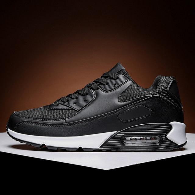 Stevvex black lace-up athletic running sneakers with white midsole and visible air cushion on Tampa Home & Garden Store