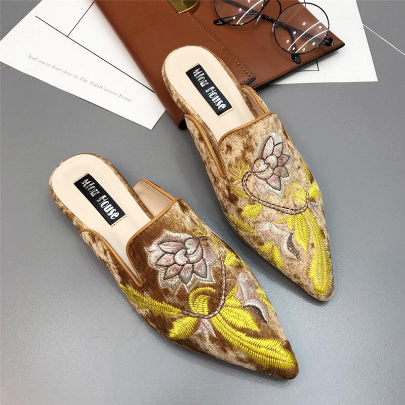 Stevvex women's slip-on mules in brown velvet with yellow floral embroidery on Tampa Home & Garden Store