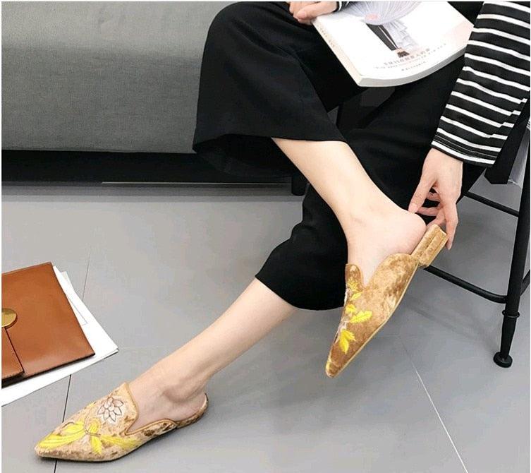 Women Slip On Mules by Stevvex with tan suede and yellow floral embroidery sandals on Tampa Home & Garden Store