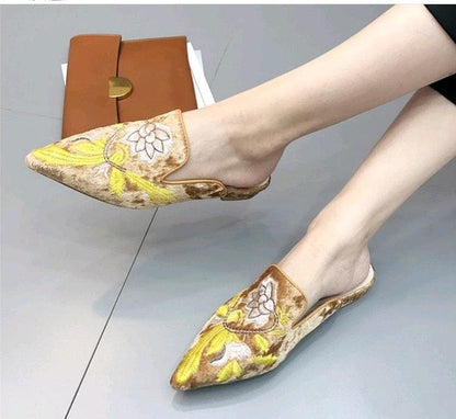 Women slip-on mules with tan fabric and yellow floral embroidery Stevvex sandals on Tampa Home & Garden Store