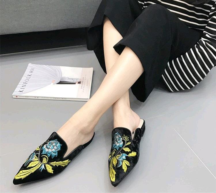 Women slip-on mules with blue-yellow floral embroidery on black upper by Stevvex on Tampa Home & Garden Store