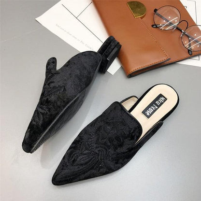 Women Slip On Mules in black velvet floral fabric, pair, Stevvex ST85SH1335CTY sandals on Tampa Home & Garden Store