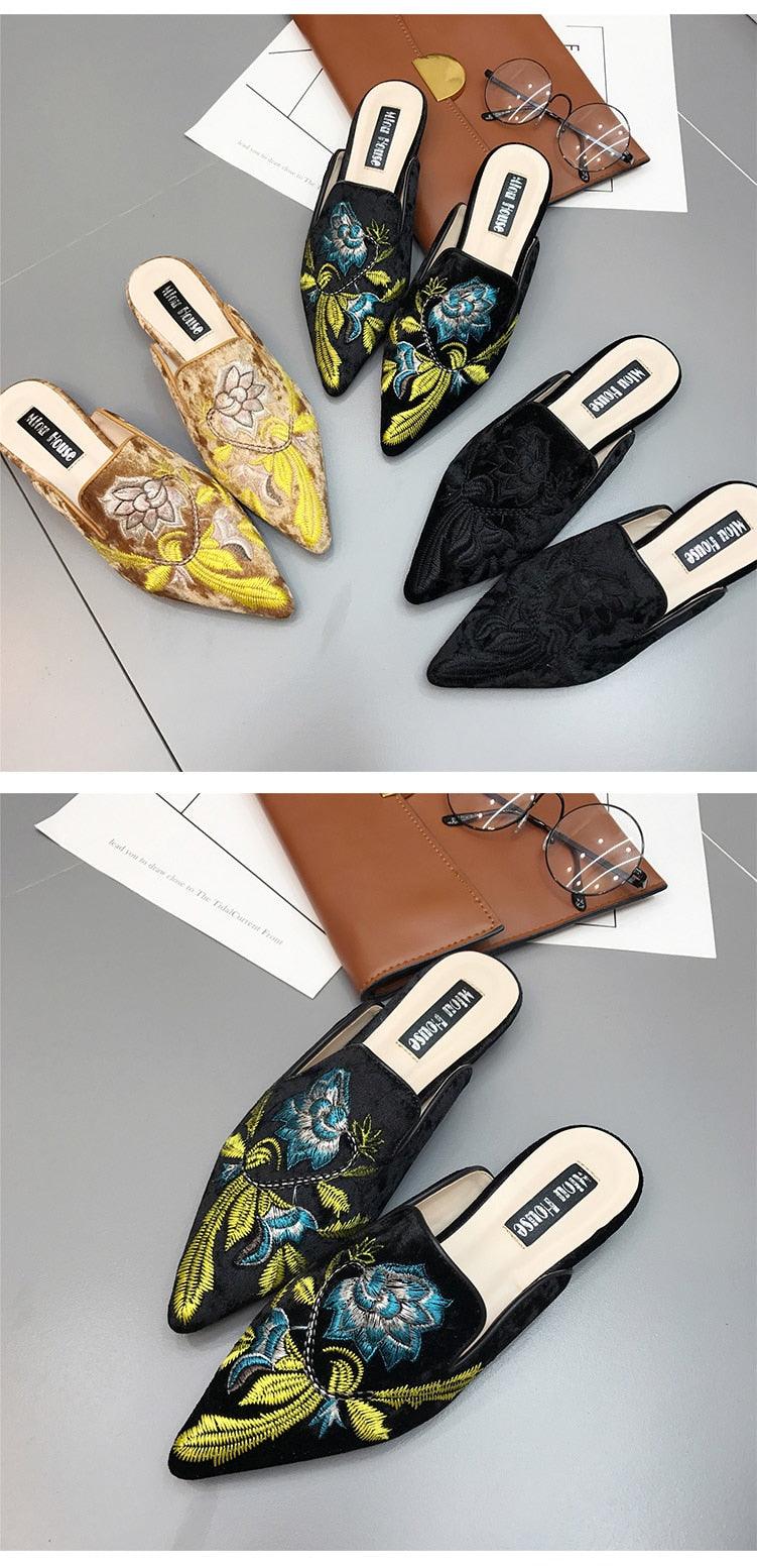 Stevvex women's slip-on mules with embroidered floral details gold and black set of 4 on Tampa Home & Garden Store