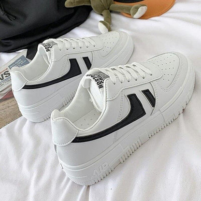 Stevvex white platform sneakers, pair of lace-up casual walking shoes with black side stripe on Tampa Home & Garden Store