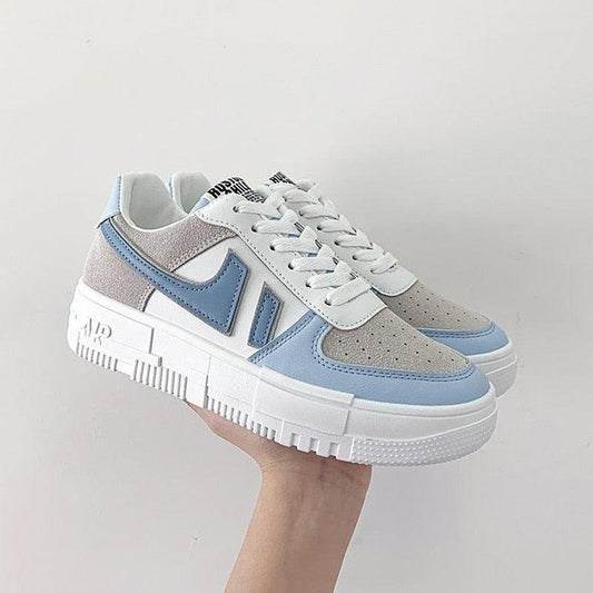 Women's Stevvex sneakers white with light blue overlays, perforated toe lace-up platform on Tampa Home & Garden Store