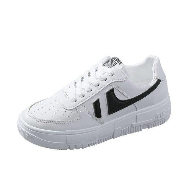 Stevvex white sneakers lace-up casual walking shoes with black side logo and platform sole on Tampa Home & Garden Store