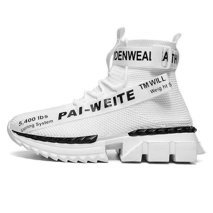 Stevvex white woven sock high-top sneakers with chunky sole and pull tabs on Tampa Home & Garden Store
