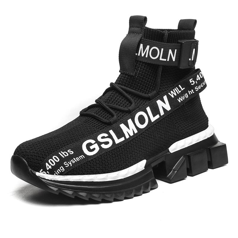 Sneakers Stevvex black knit sock high-top with MOLN strap, bold side text, chunky sole on Tampa Home & Garden Store