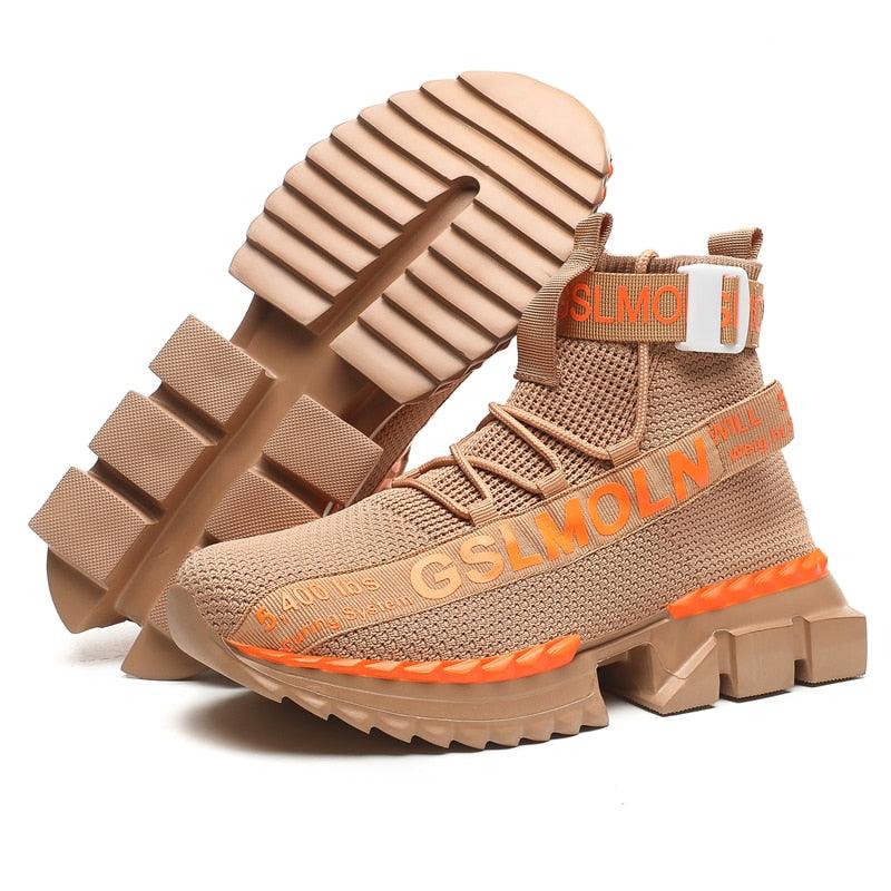 Sneakers Stevvex tan knit high-top with chunky sole and orange accents on Tampa Home & Garden Store