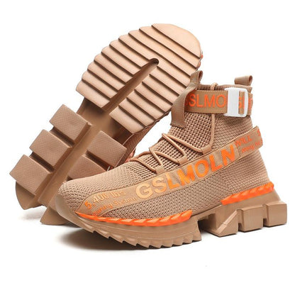 Sneakers Stevvex tan knit high-top with chunky sole and orange accents on Tampa Home & Garden Store