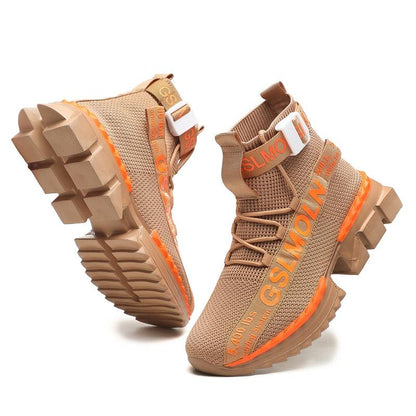 Stevvex high-top sneakers pair in tan mesh with orange accents and non-slip chunky sole on Tampa Home & Garden Store