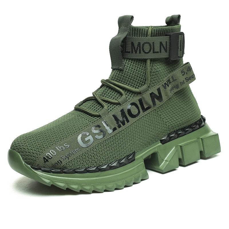 Stevvex high-top knit sneaker olive green, non-slip chunky sole, fashion woven sock style on Tampa Home & Garden Store