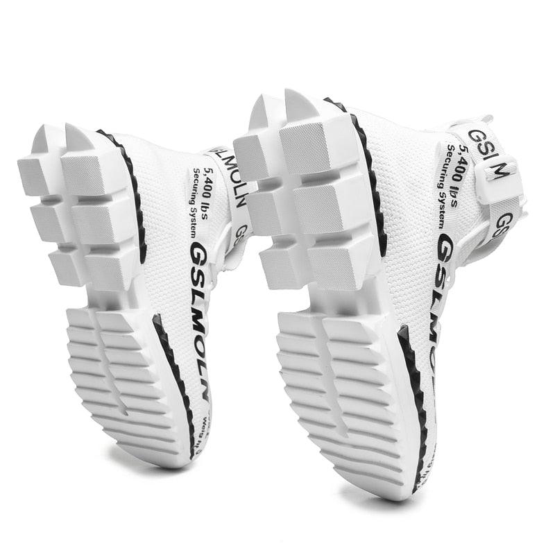 Stevvex white fashion flying woven sock sneakers, high-top pair with chunky non-slip sole on Tampa Home & Garden Store