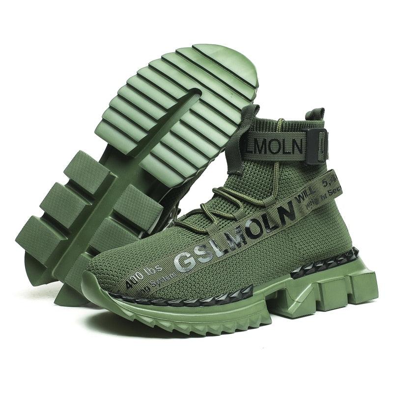 Stevvex olive green knitted high-top sneakers with chunky lug sole on Tampa Home & Garden Store