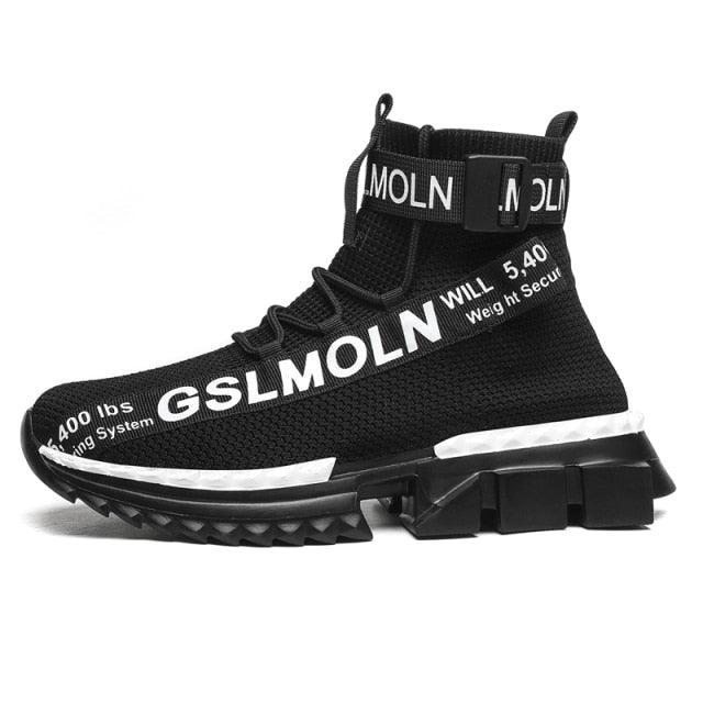 Stevvex black knit high-top sock sneakers, ankle strap and white text graphics, chunky lug sole on Tampa Home & Garden Store