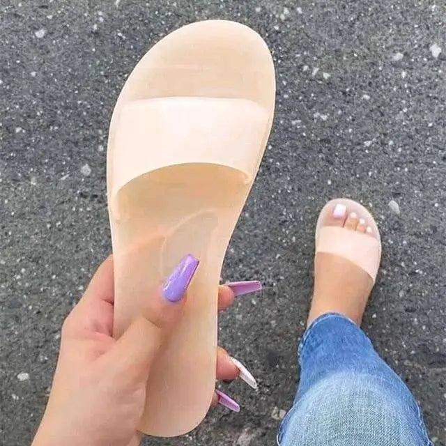 Fashion jelly women slippers nude translucent slides with wide strap ST81155ANK by Stevvex, two sandals shown on pavement on Tampa Home & Garden Store