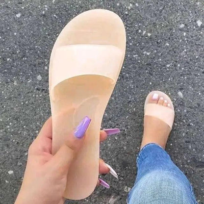 Fashion jelly women slippers nude translucent slides with wide strap ST81155ANK by Stevvex, two sandals shown on pavement on Tampa Home & Garden Store