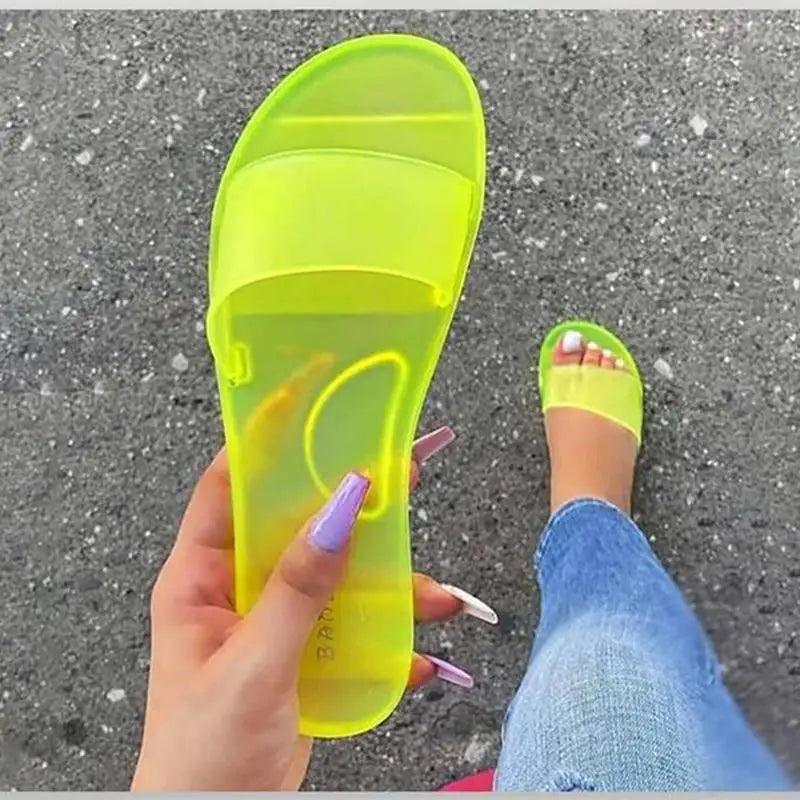 Fashion jelly women slippers neon lime green slides by Stevvex, candy colors, open toe on Tampa Home & Garden Store