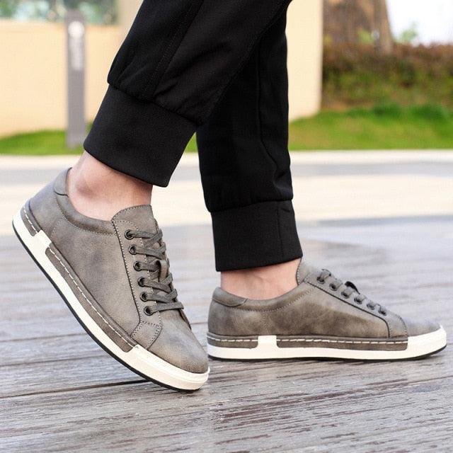 Stevvex men's grey suede leather sneakers pair, lace-up casual walking shoes with white sole on Tampa Home & Garden Store